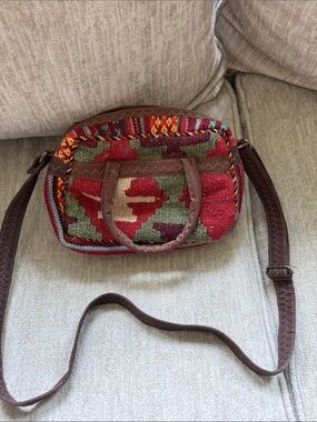 Handwoven Red and Green Boho Crossbody Bag with Brown Trim